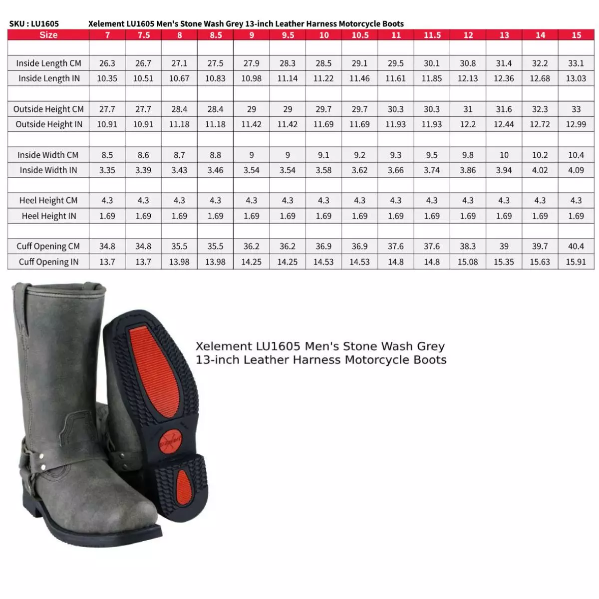 Xelement LU1605 Men's Classic Stone Wash Grey 13-inch Leather Harness Motorcycle Boots 5 Xelement LU1605 Men's Classic Stone Wash Grey 13-inch Leather Harness Motorcycle Boots - Image 3