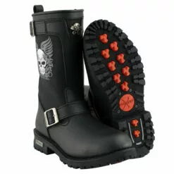 Xelement X19405 Men's Black Tribal Skull Leather Motorcycle Boots With Poron Cushion Insoles